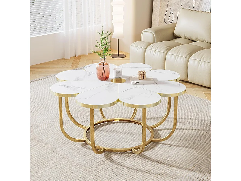 Weißer und goldener Couchtisch, 100 cm moderner Couchtisch in Blumenform mit Kunstmarmorplatte, floraler Akzenttisch in der Mitte mit Metallrahmen für Wohnzimmer, Schlafzimmer