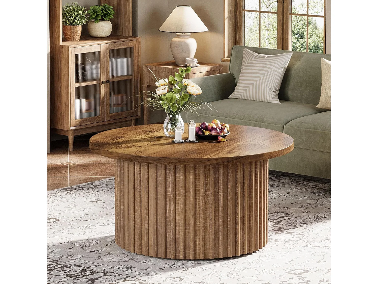 80 cm Table Basse Ronde, Table Basse de Ferme avec Socle en métal, Table Centrale Moderne en Bois accentué, canapé, Table d'appoint