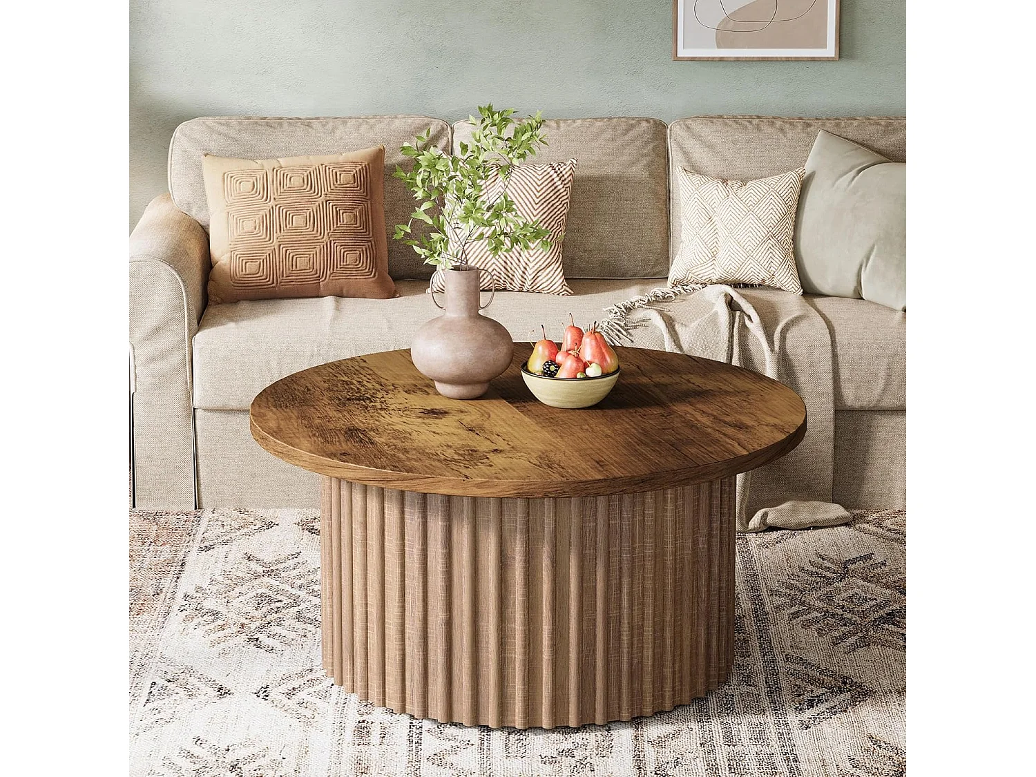 80 cm Table Basse Ronde, Table Basse de Ferme avec Socle en métal, Table Centrale Moderne en Bois accentué, canapé, Table d'appoint