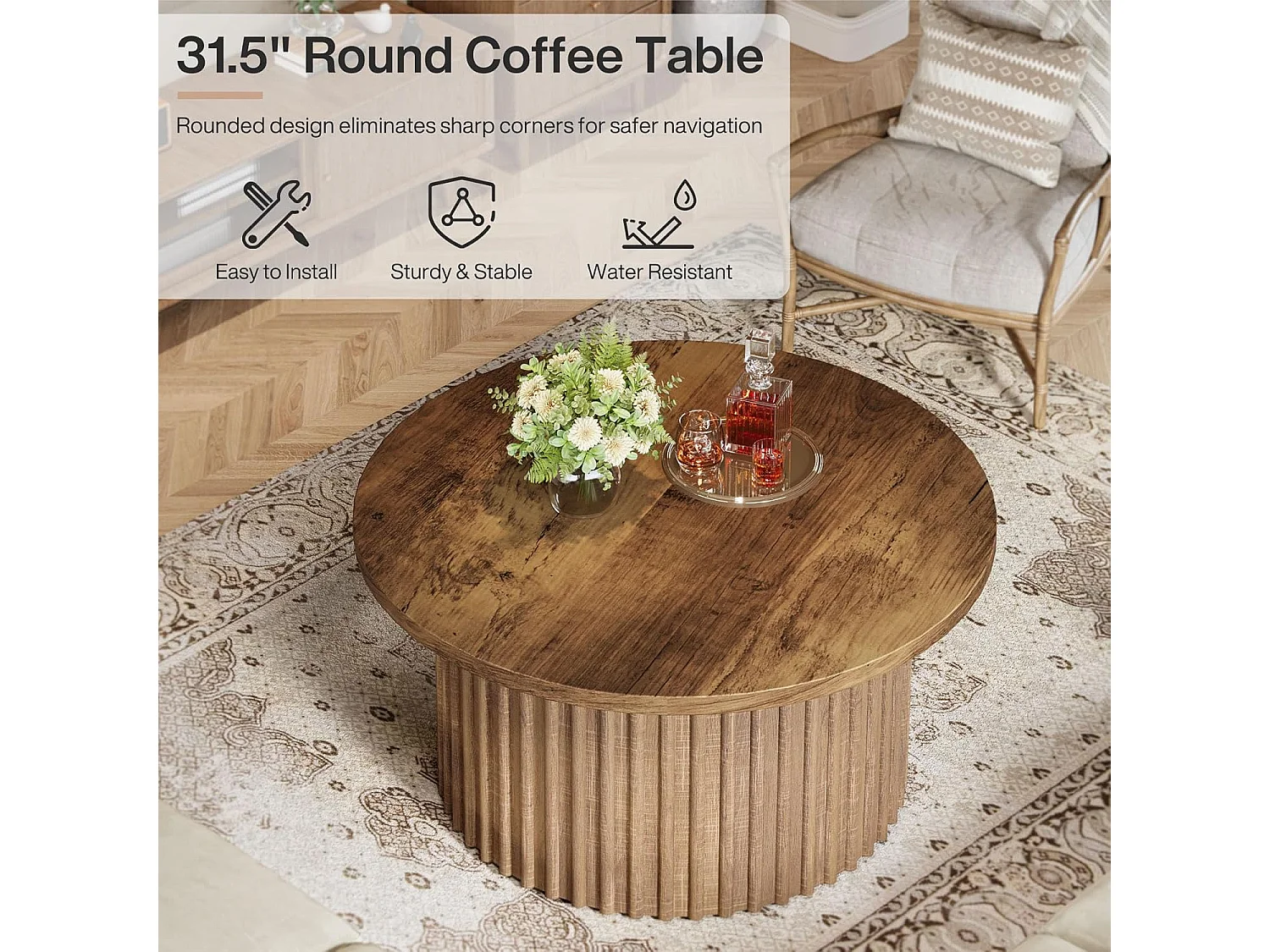 80 cm Table Basse Ronde, Table Basse de Ferme avec Socle en métal, Table Centrale Moderne en Bois accentué, canapé, Table d'appoint