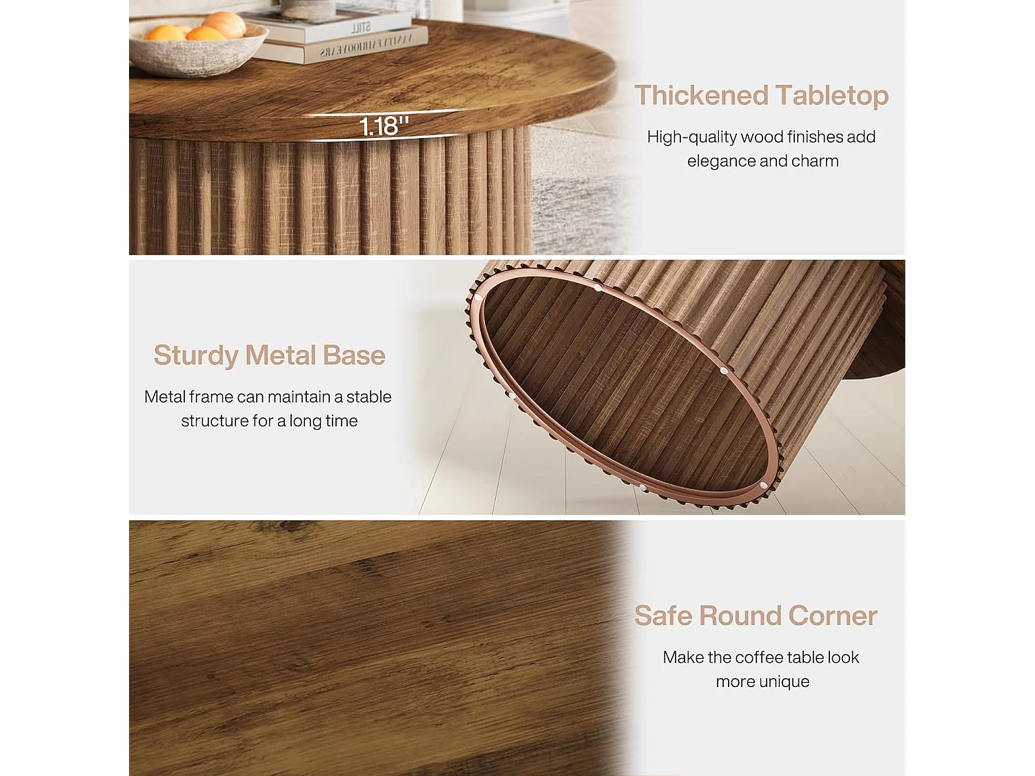 80 cm Table Basse Ronde, Table Basse de Ferme avec Socle en métal, Table Centrale Moderne en Bois accentué, canapé, Table d'appoint