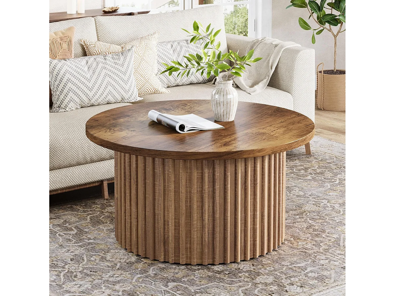 80 cm Table Basse Ronde, Table Basse de Ferme avec Socle en métal, Table Centrale Moderne en Bois accentué, canapé, Table d'appoint