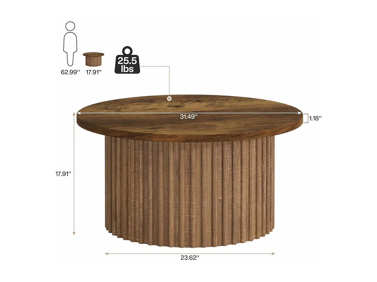 80 cm Table Basse Ronde, Table Basse de Ferme avec Socle en métal, Table Centrale Moderne en Bois accentué, canapé, Table d'appoint