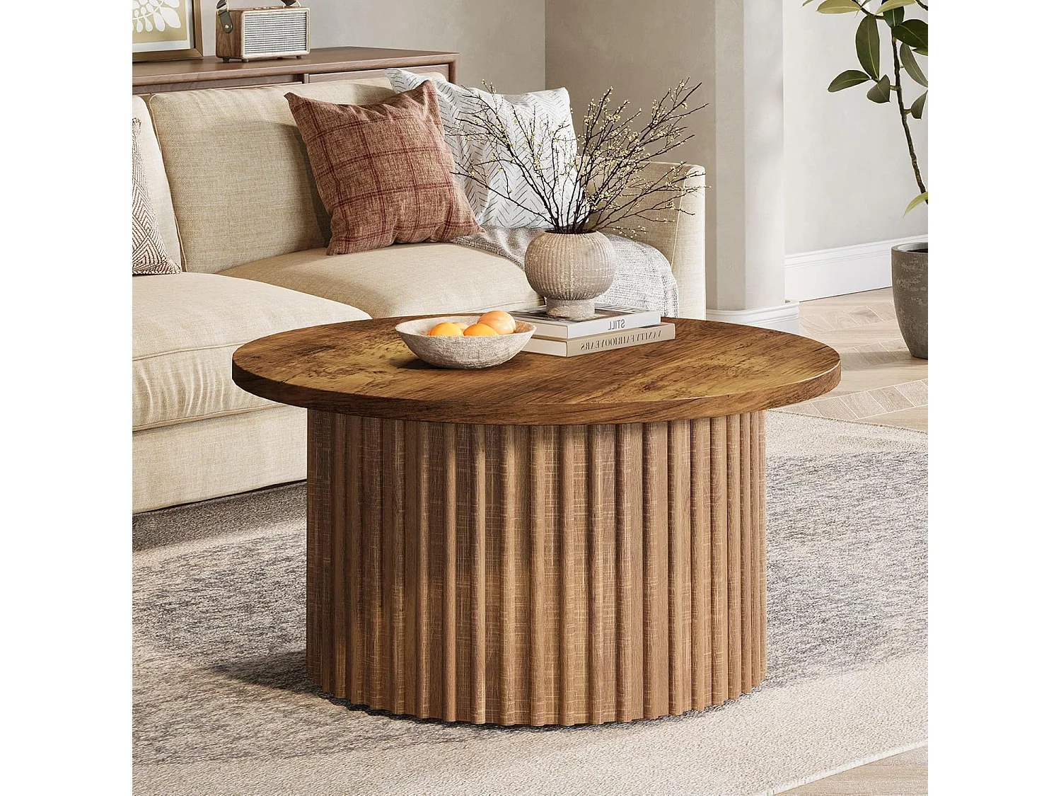 80 cm Table Basse Ronde, Table Basse de Ferme avec Socle en métal, Table Centrale Moderne en Bois accentué, canapé, Table d'appoint