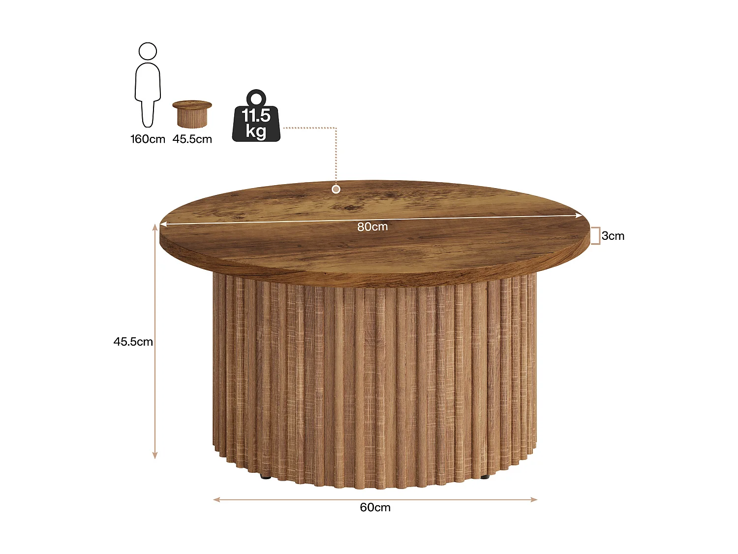 80 cm Table Basse Ronde, Table Basse de Ferme avec Socle en métal, Table Centrale Moderne en Bois accentué, canapé, Table d'appoint