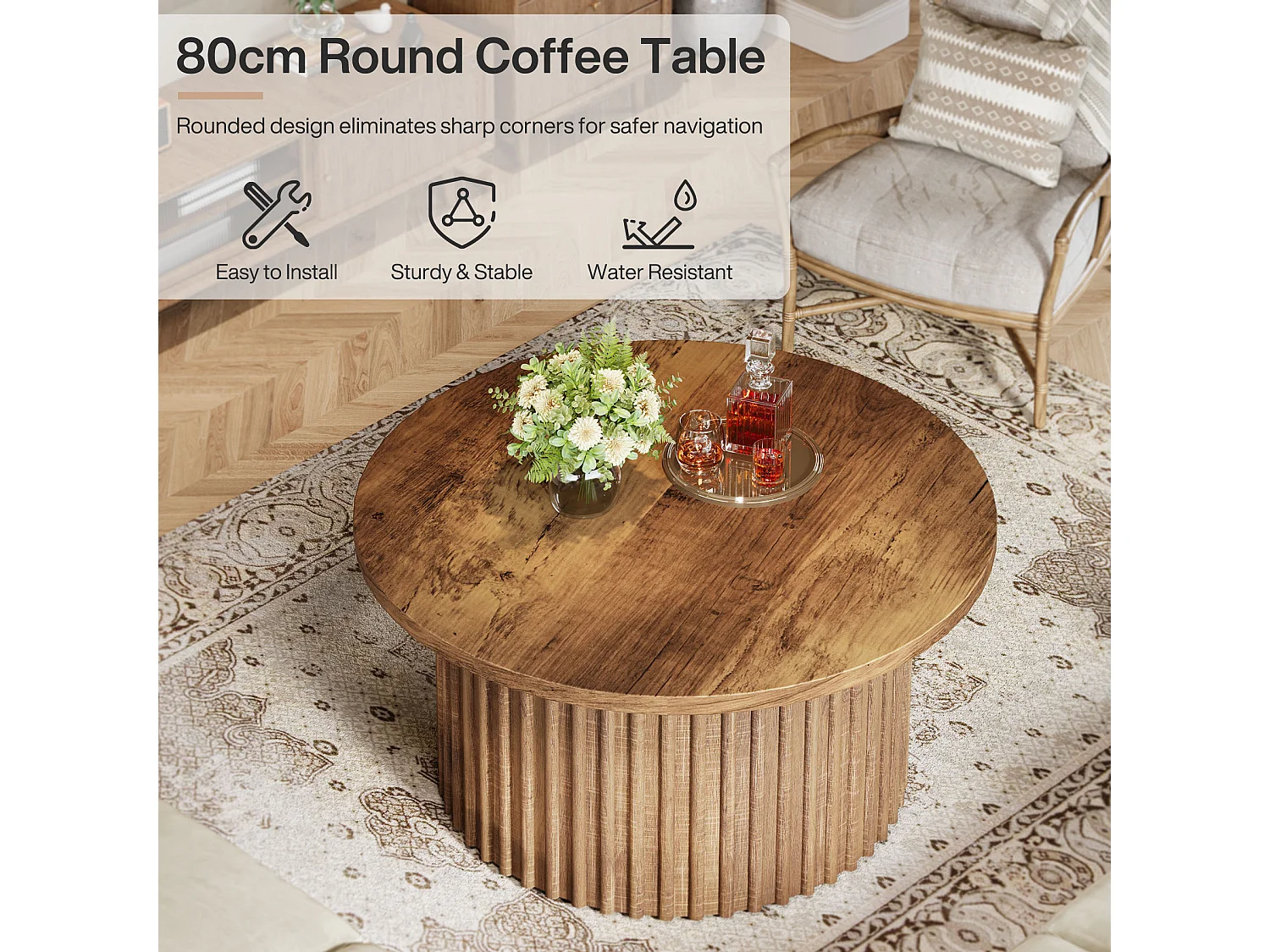 80 cm Table Basse Ronde, Table Basse de Ferme avec Socle en métal, Table Centrale Moderne en Bois accentué, canapé, Table d'appoint
