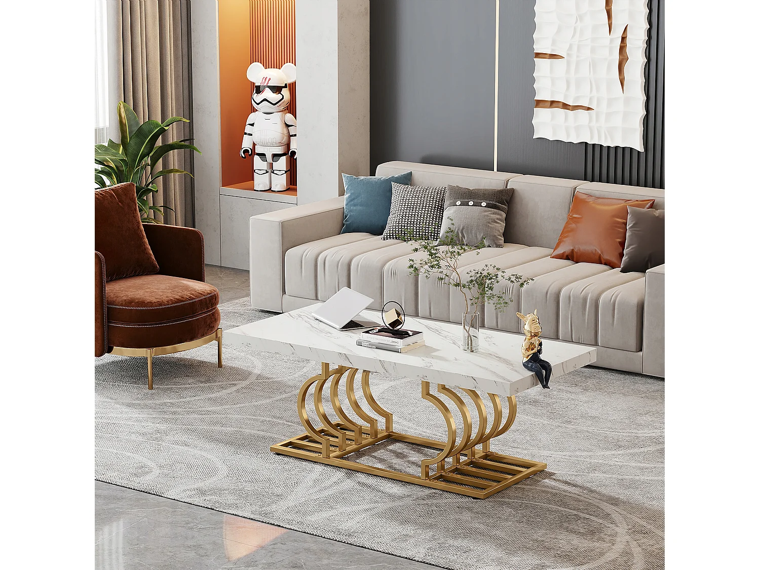 Table Basse Moderne, Faux Marbre Table de Cocktail avec Piètement Géométrique, Table d'appoint de Canapé Rectangulaire, Blanc et Or