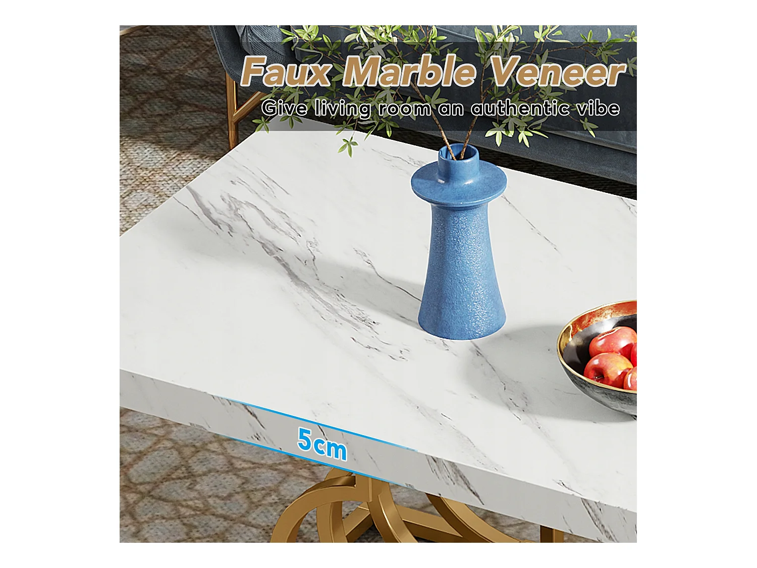 Table Basse Moderne, Faux Marbre Table de Cocktail avec Piètement Géométrique, Table d'appoint de Canapé Rectangulaire, Blanc et Or