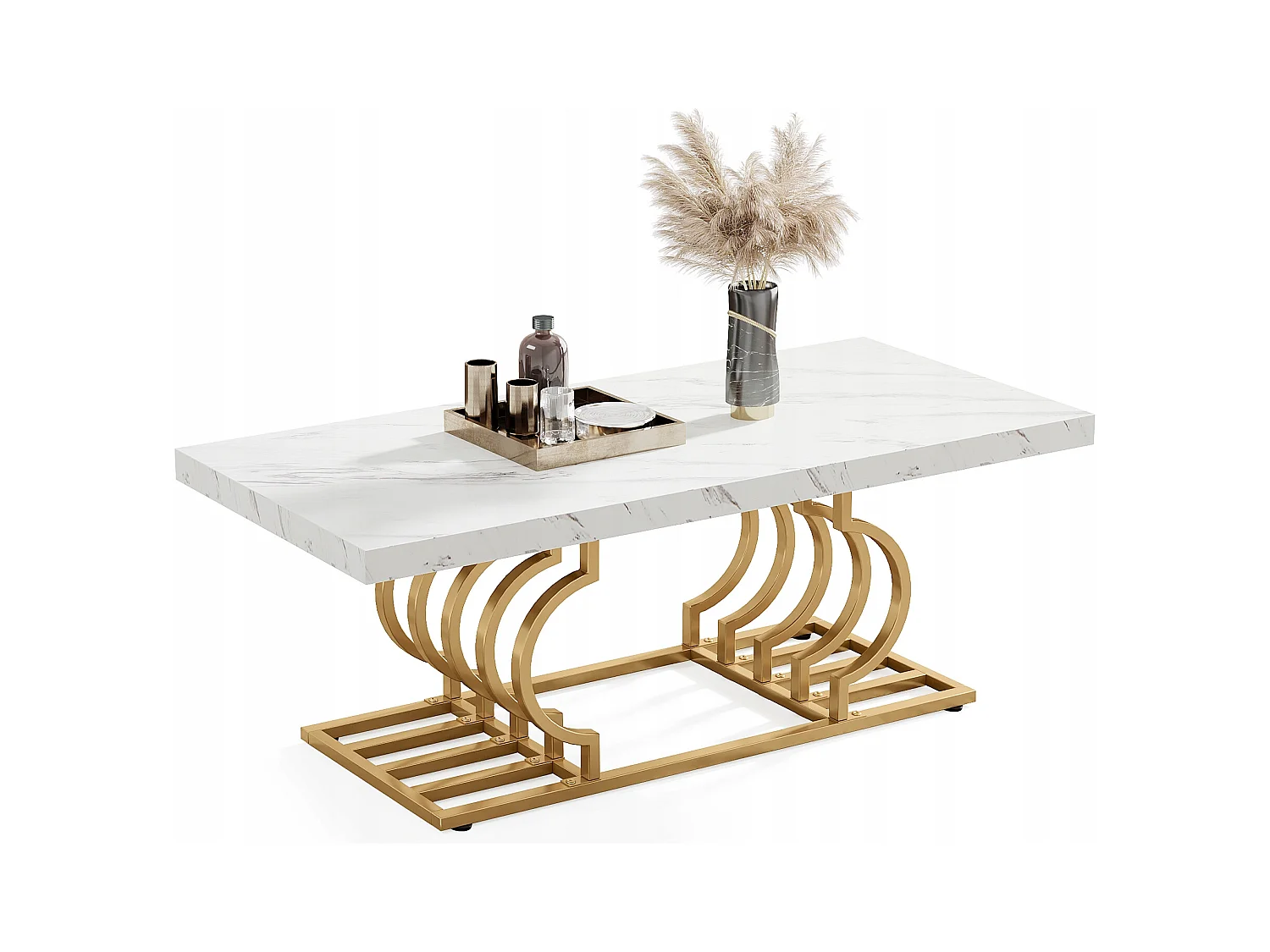 Tavolino da caffè moderno, tavolino da cocktail in finto marmo con base geometrica, tavolino laterale rettangolare, bianco e oro