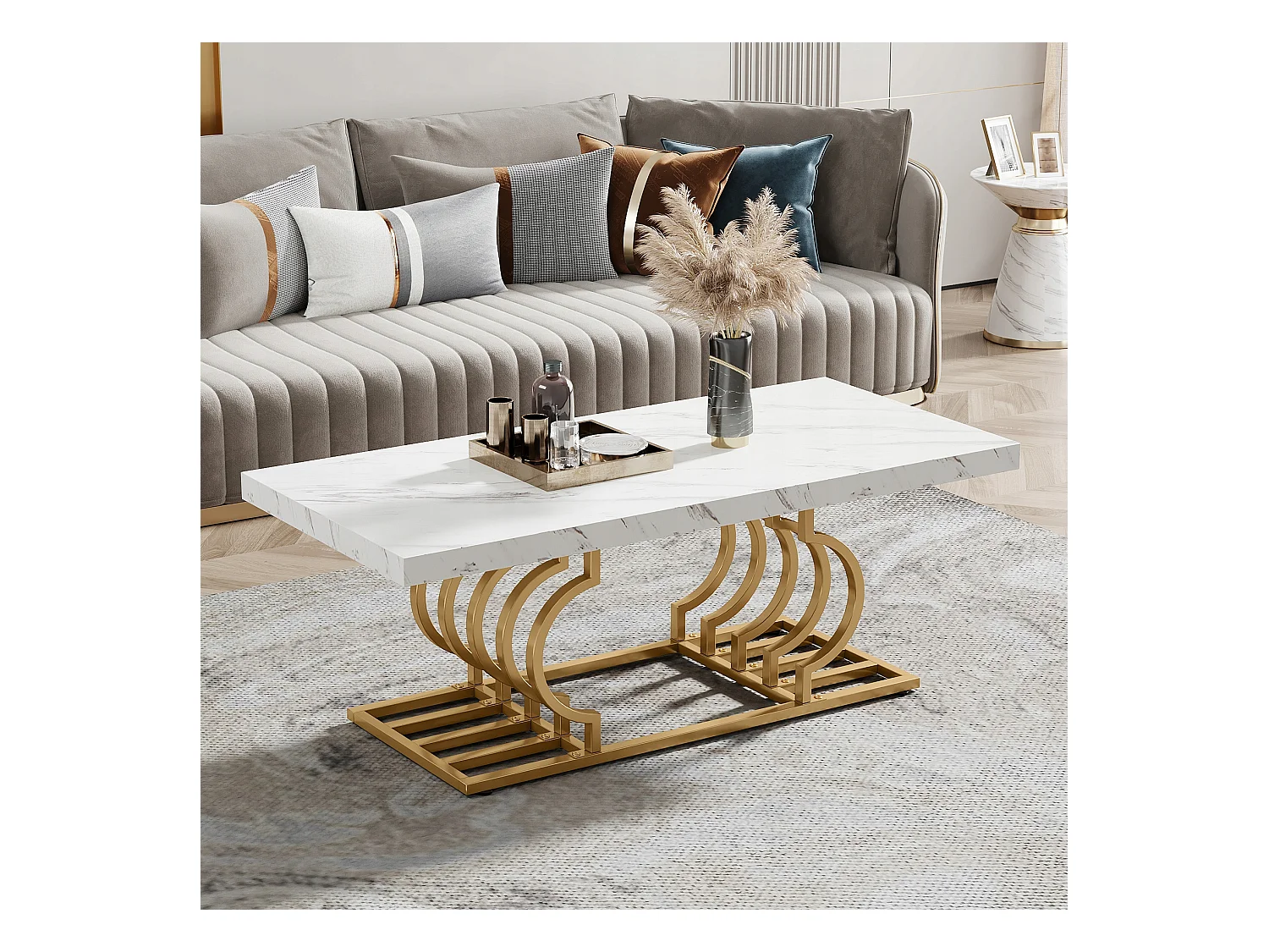 Moderne Niedertisch, Cocktailtisch aus Falschgranit mit geometrischem Bein, rechteckiger Sofazusatztisch, weiß und gold