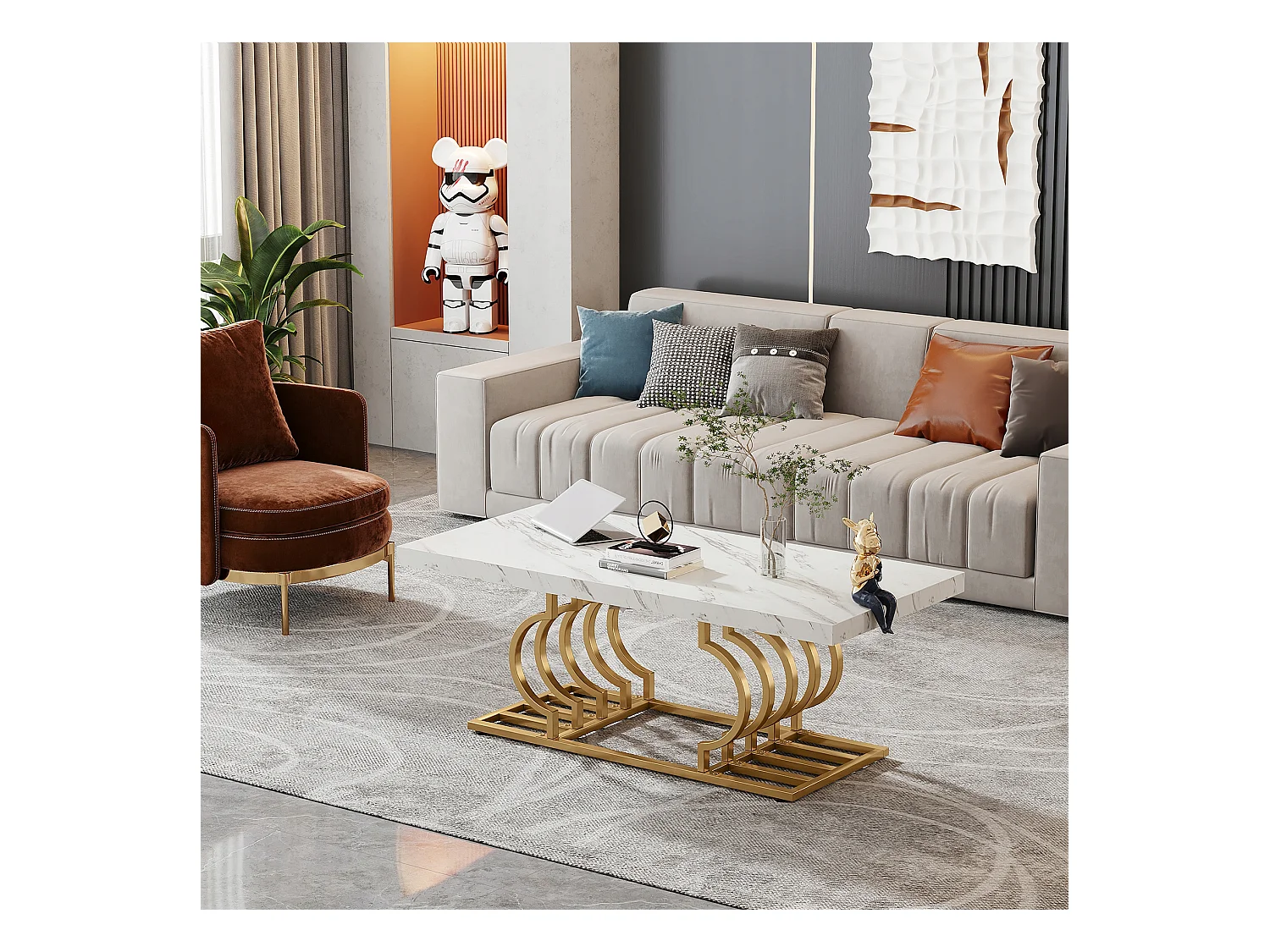 Moderne Niedertisch, Cocktailtisch aus Falschgranit mit geometrischem Bein, rechteckiger Sofazusatztisch, weiß und gold