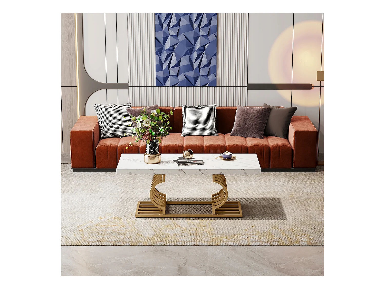 Moderne Niedertisch, Cocktailtisch aus Falschgranit mit geometrischem Bein, rechteckiger Sofazusatztisch, weiß und gold