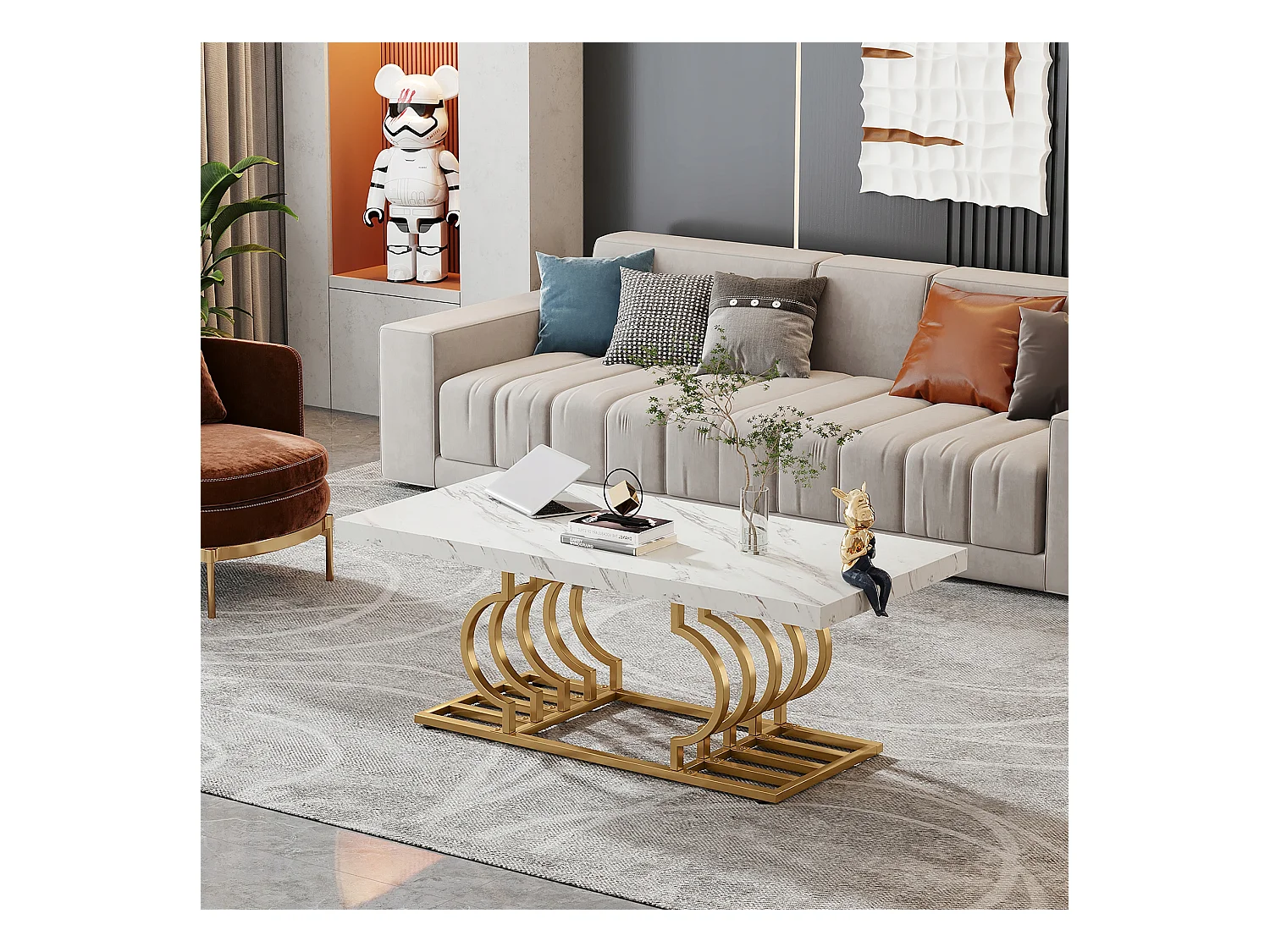 Moderne Niedertisch, Cocktailtisch aus Falschgranit mit geometrischem Bein, rechteckiger Sofazusatztisch, weiß und gold