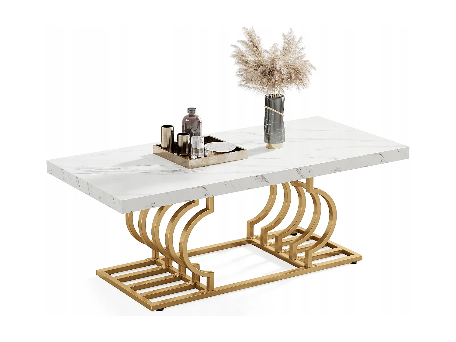 Moderne Niedertisch, Cocktailtisch aus Falschgranit mit geometrischem Bein, rechteckiger Sofazusatztisch, weiß und gold