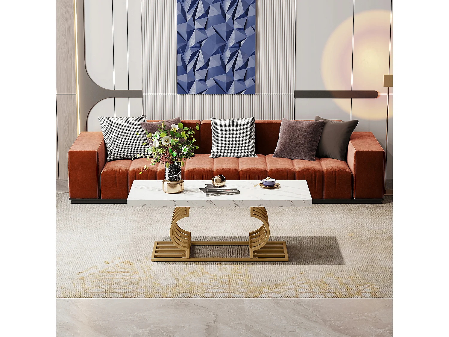 Moderne Niedertisch, Cocktailtisch aus Falschgranit mit geometrischem Bein, rechteckiger Sofazusatztisch, weiß und gold