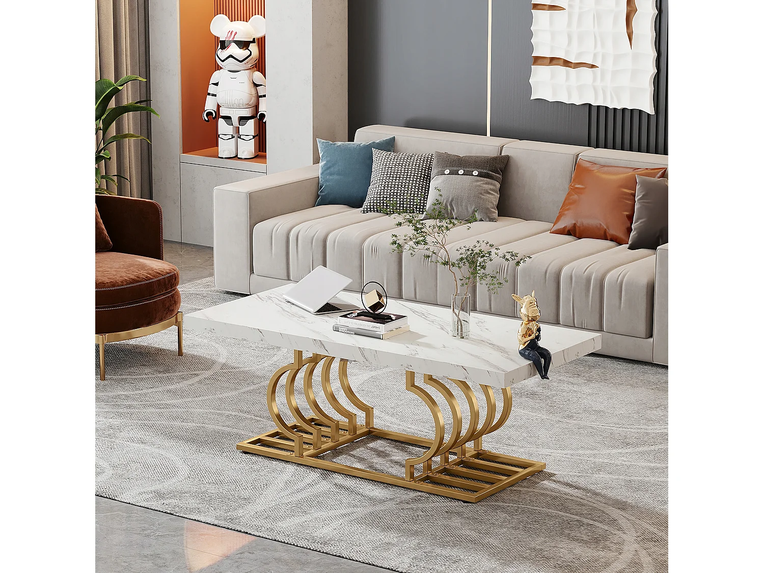 Moderne Niedertisch, Cocktailtisch aus Falschgranit mit geometrischem Bein, rechteckiger Sofazusatztisch, weiß und gold