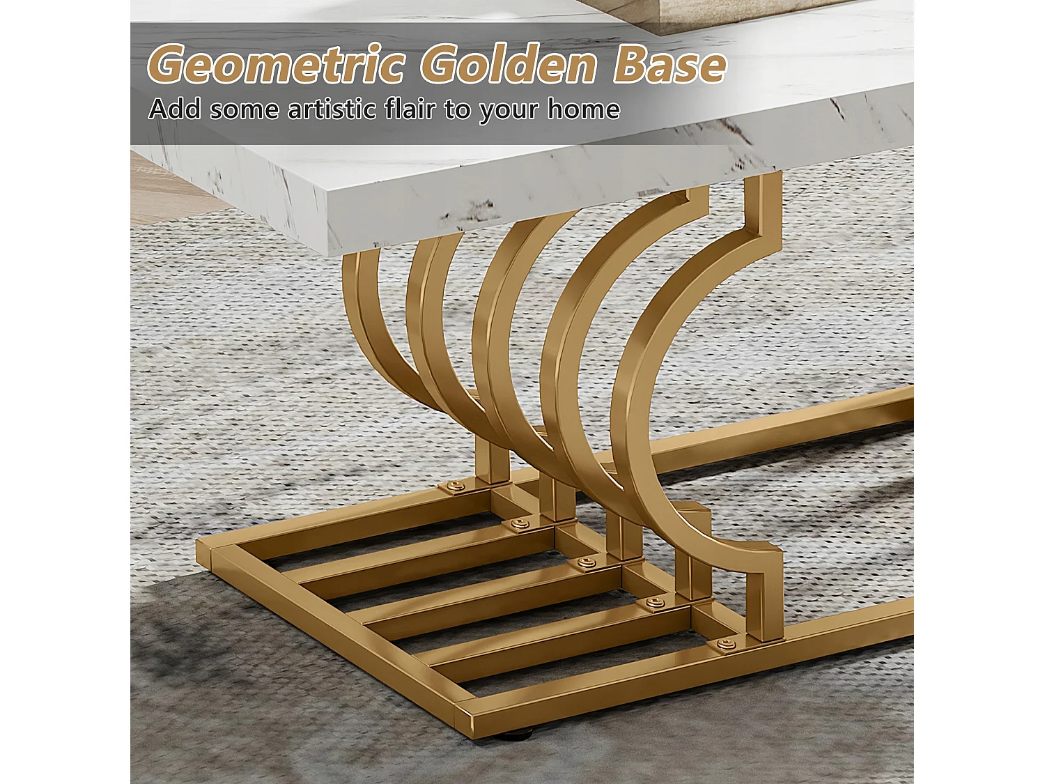 Moderne Niedertisch, Cocktailtisch aus Falschgranit mit geometrischem Bein, rechteckiger Sofazusatztisch, weiß und gold