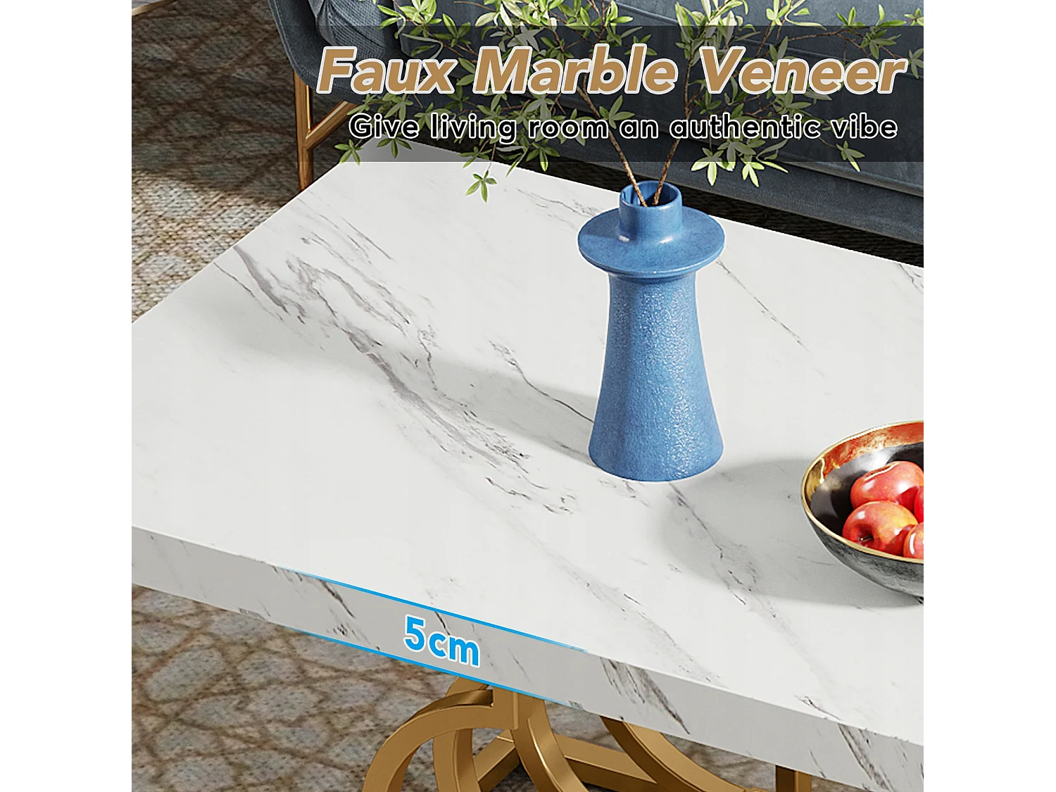 Moderne Niedertisch, Cocktailtisch aus Falschgranit mit geometrischem Bein, rechteckiger Sofazusatztisch, weiß und gold