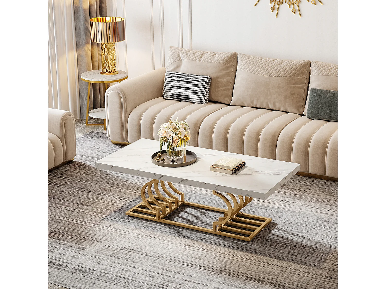 Moderne Niedertisch, Cocktailtisch aus Falschgranit mit geometrischem Bein, rechteckiger Sofazusatztisch, weiß und gold