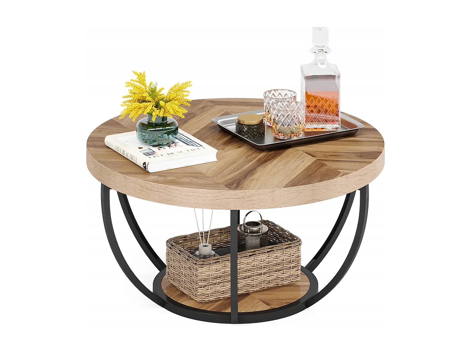 Moderne industriële ronde cocktailtafel met 2 lagen en planken, ronde salontafel met metalen poten