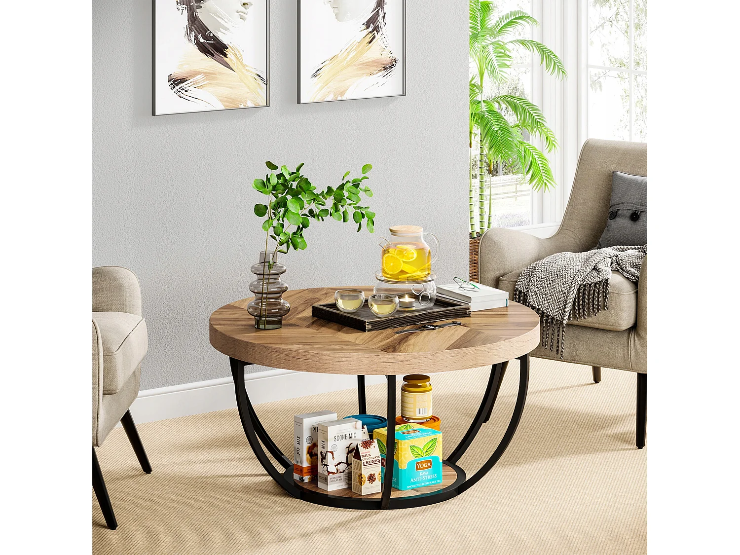 Moderne industriële ronde cocktailtafel met 2 lagen en planken, ronde salontafel met metalen poten