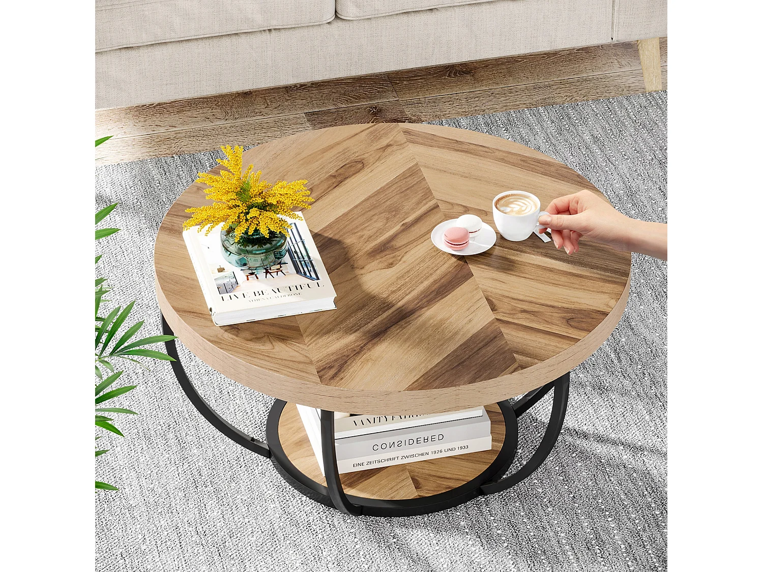 Moderne industriële ronde cocktailtafel met 2 lagen en planken, ronde salontafel met metalen poten