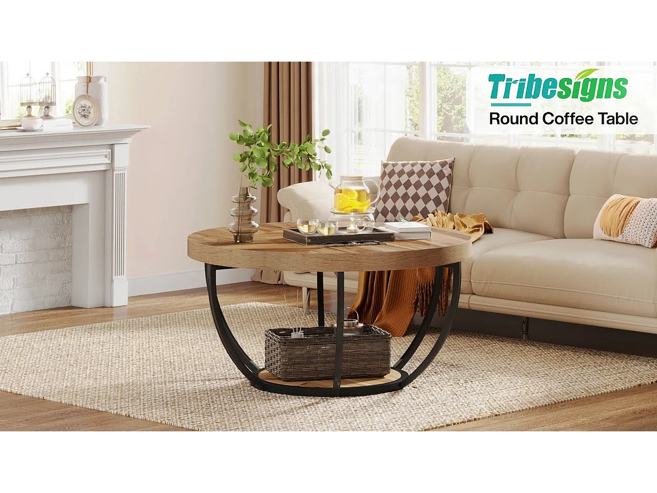 Moderne industriële ronde cocktailtafel met 2 lagen en planken, ronde salontafel met metalen poten