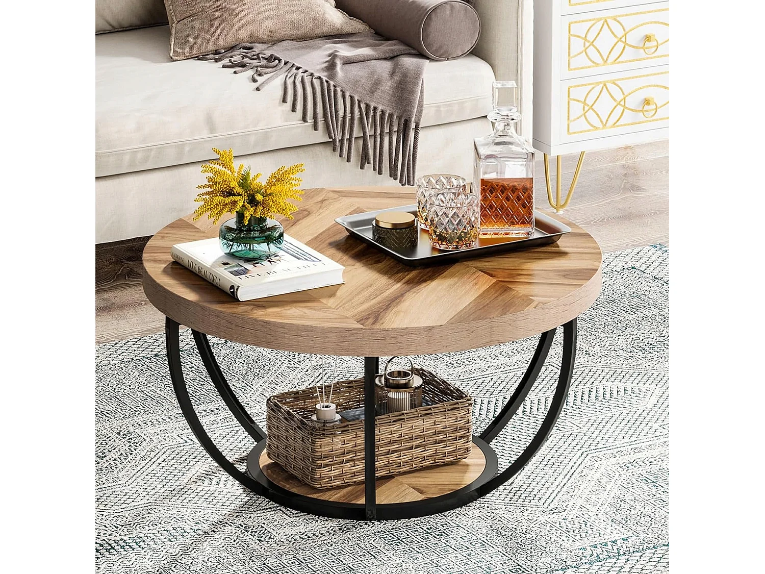 Table basse ronde de cocktail industrielle moderne à 2 niveaux avec étagères, table d'appoint de canapé circulaire avec pieds en métal