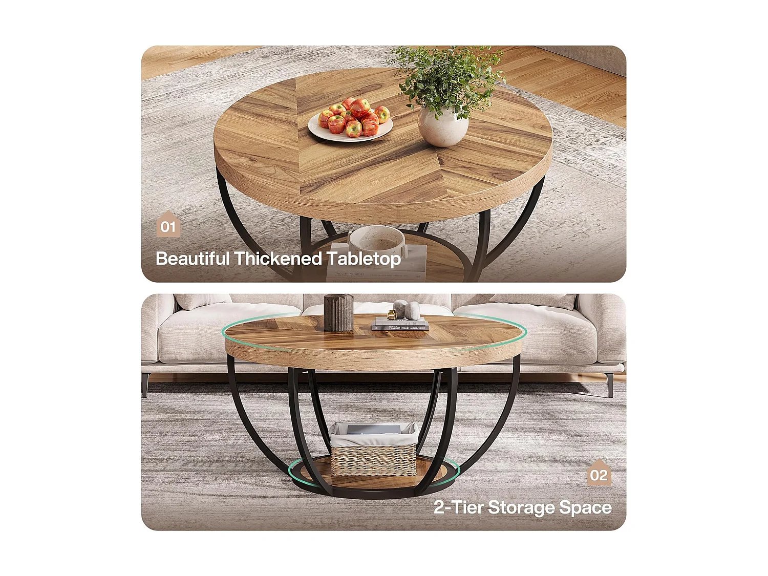 Table basse ronde de cocktail industrielle moderne à 2 niveaux avec étagères, table d'appoint de canapé circulaire avec pieds en métal