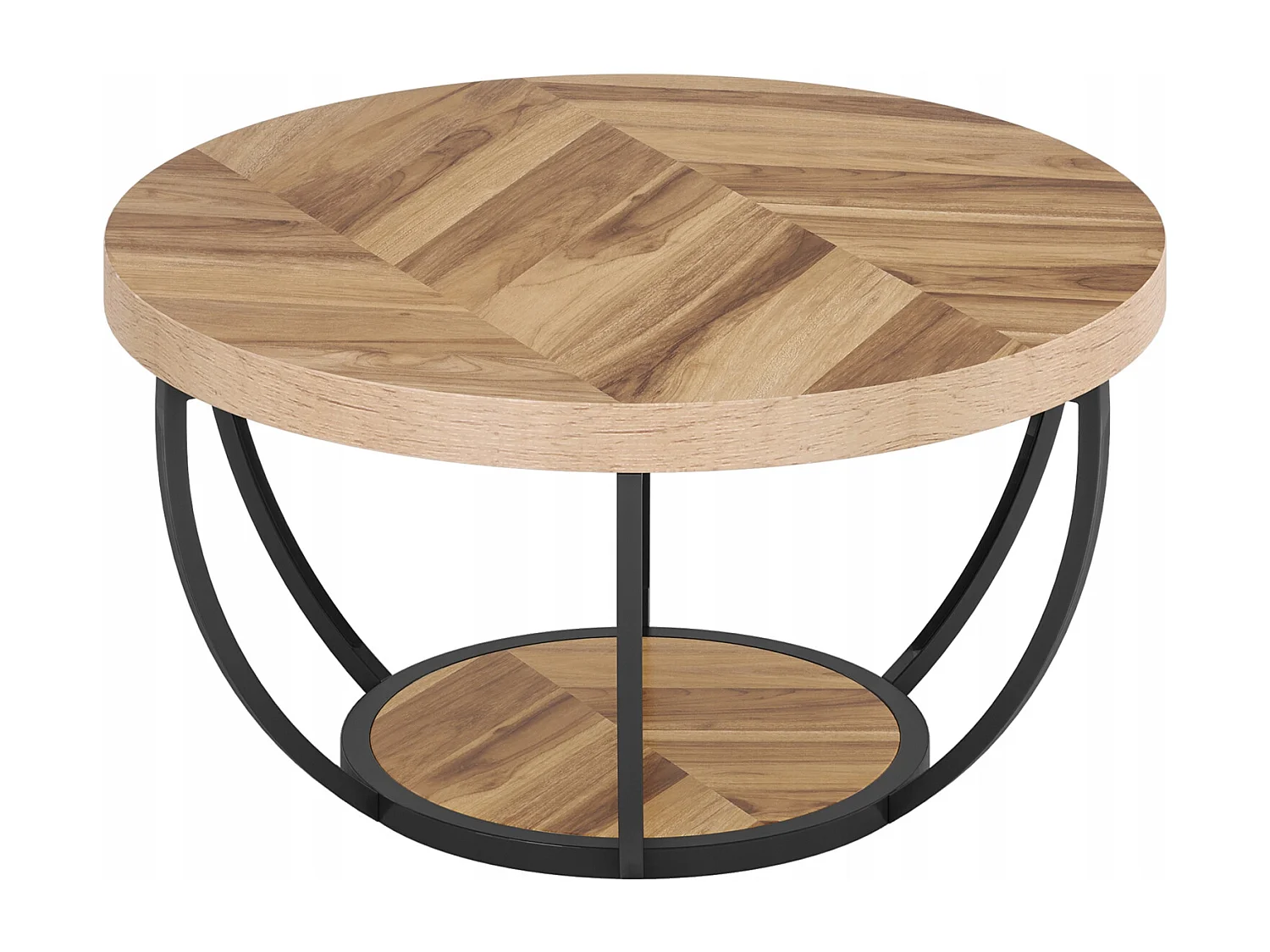 Table basse ronde de cocktail industrielle moderne à 2 niveaux avec étagères, table d'appoint de canapé circulaire avec pieds en métal