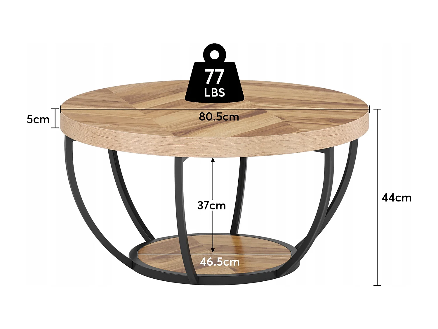Table basse ronde de cocktail industrielle moderne à 2 niveaux avec étagères, table d'appoint de canapé circulaire avec pieds en métal