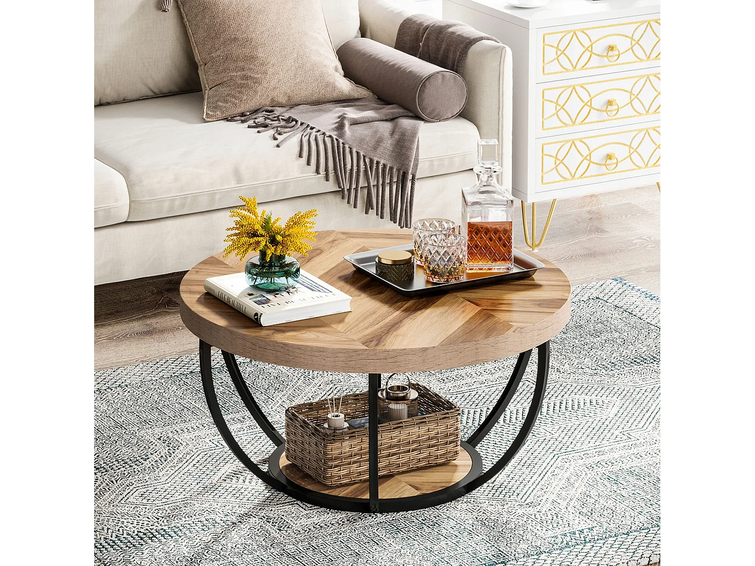 Table basse ronde de cocktail industrielle moderne à 2 niveaux avec étagères, table d'appoint de canapé circulaire avec pieds en métal