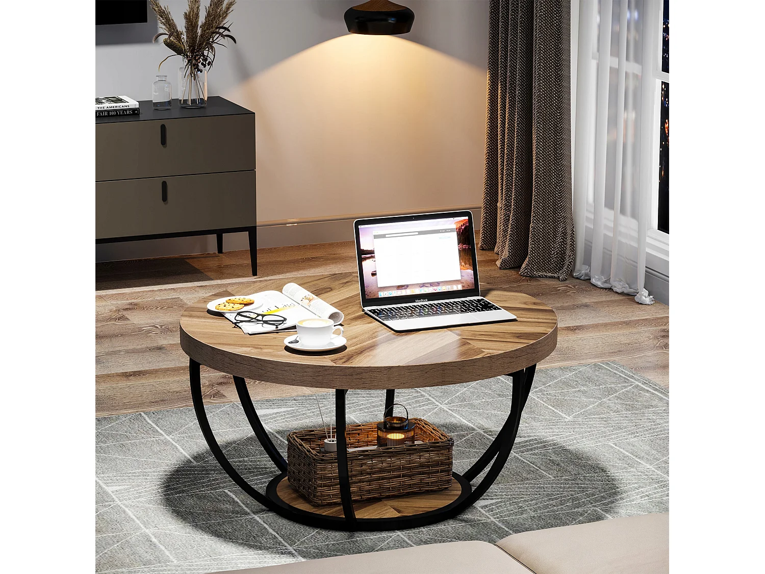 Table basse ronde de cocktail industrielle moderne à 2 niveaux avec étagères, table d'appoint de canapé circulaire avec pieds en métal