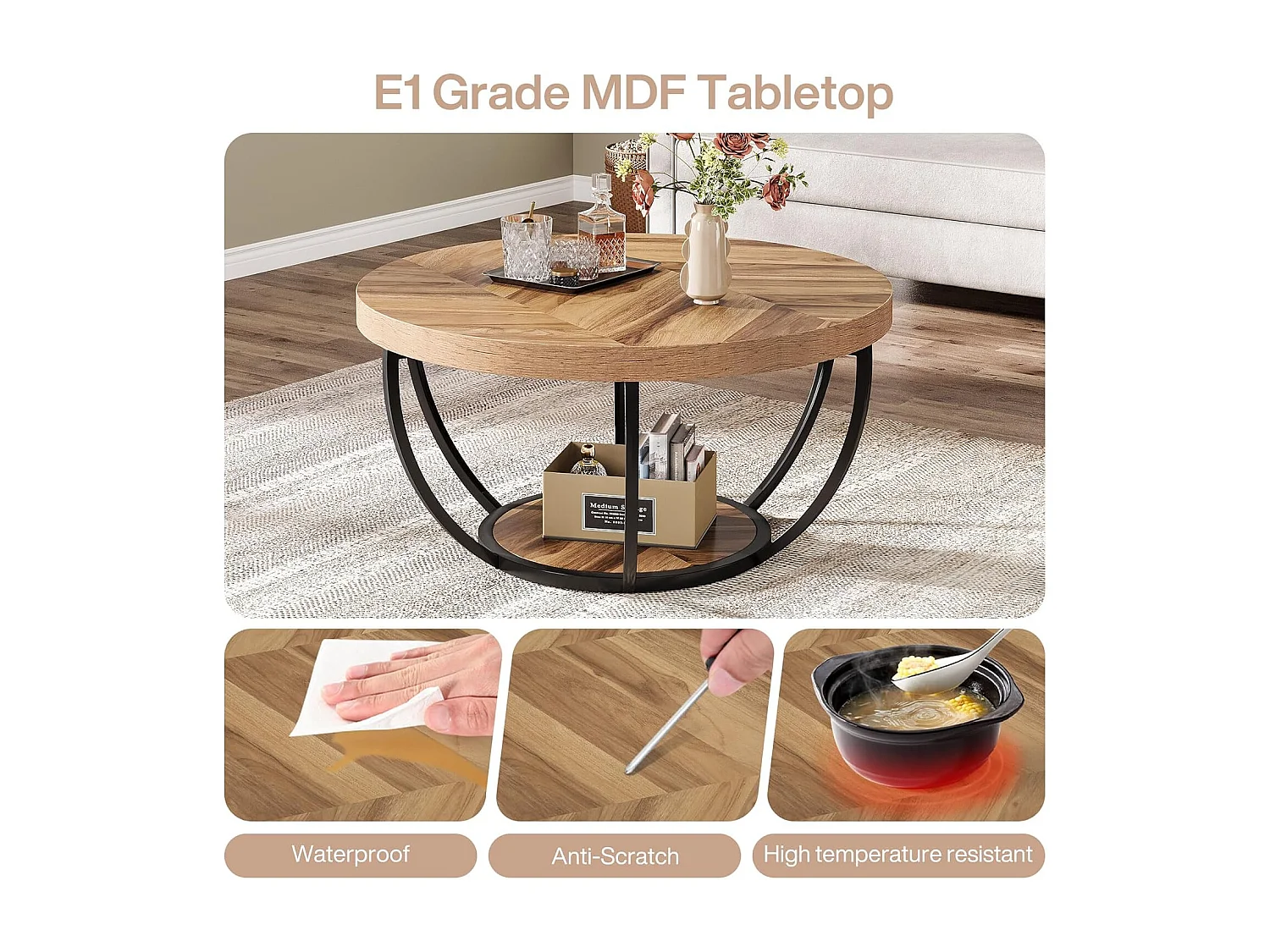 Table basse ronde de cocktail industrielle moderne à 2 niveaux avec étagères, table d'appoint de canapé circulaire avec pieds en métal