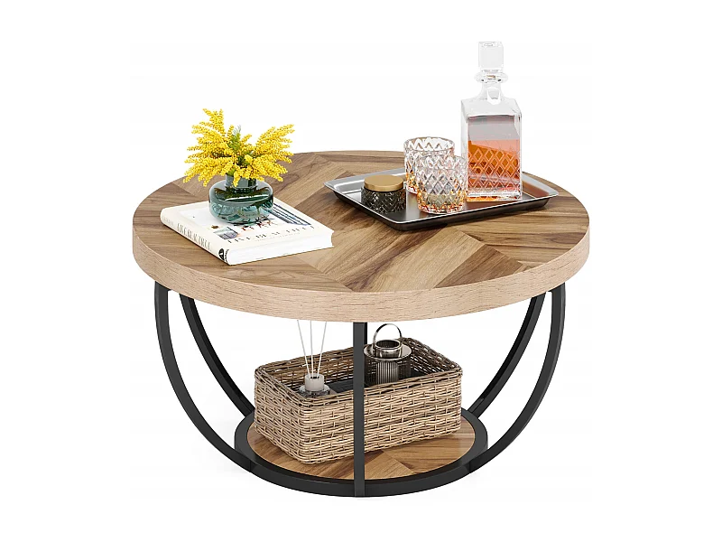 Table basse ronde de cocktail industrielle moderne à 2 niveaux avec étagères, table d'appoint de canapé circulaire avec pieds en métal