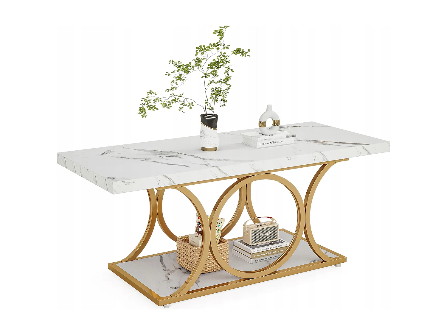 Table basse moderne pour le salon, table basse à 2 niveaux en bois imitation marbre avec pieds géométriques en métal