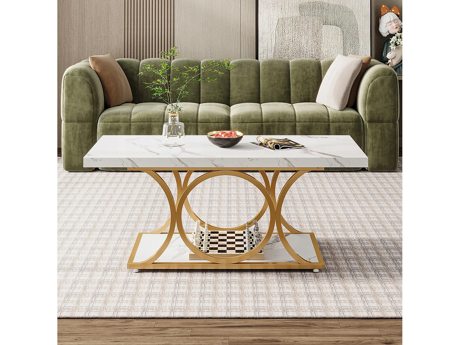 Table basse moderne pour le salon, table basse à 2 niveaux en bois imitation marbre avec pieds géométriques en métal