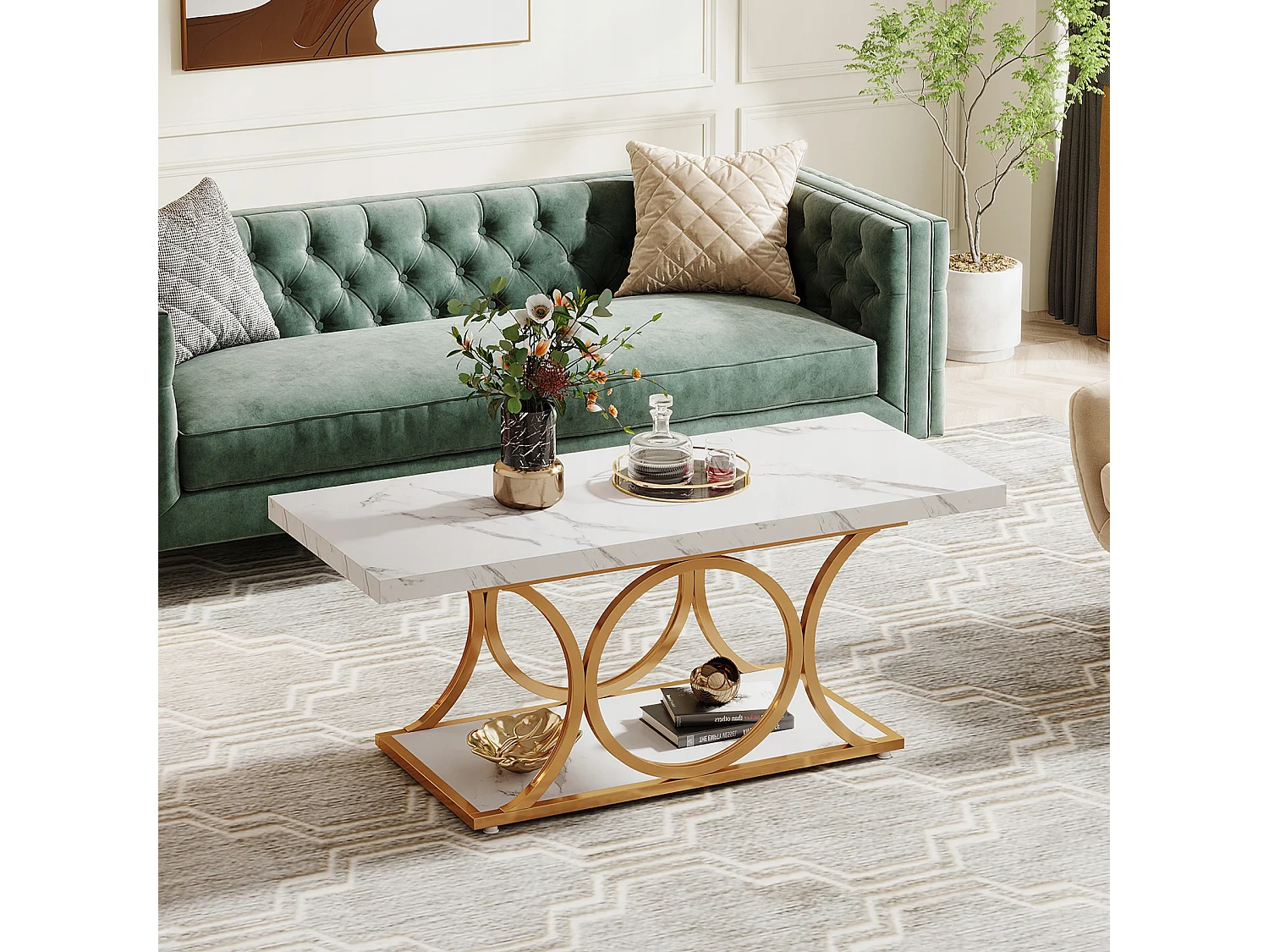 Table basse moderne pour le salon, table basse à 2 niveaux en bois imitation marbre avec pieds géométriques en métal