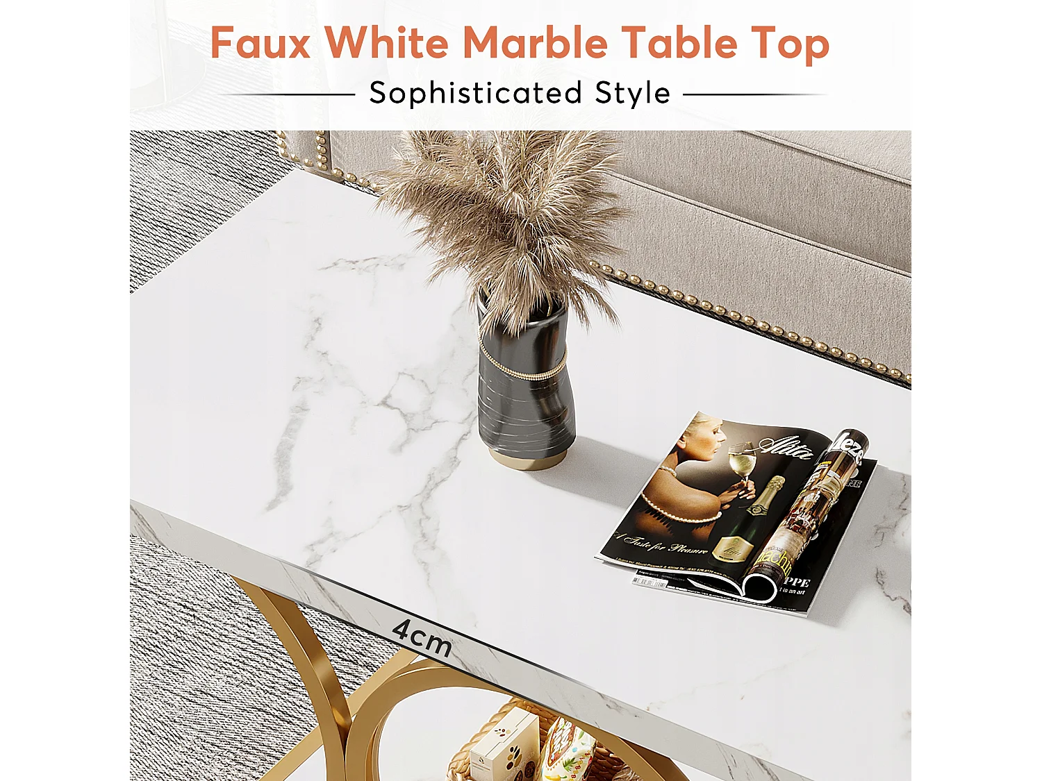 Table basse moderne pour le salon, table basse à 2 niveaux en bois imitation marbre avec pieds géométriques en métal