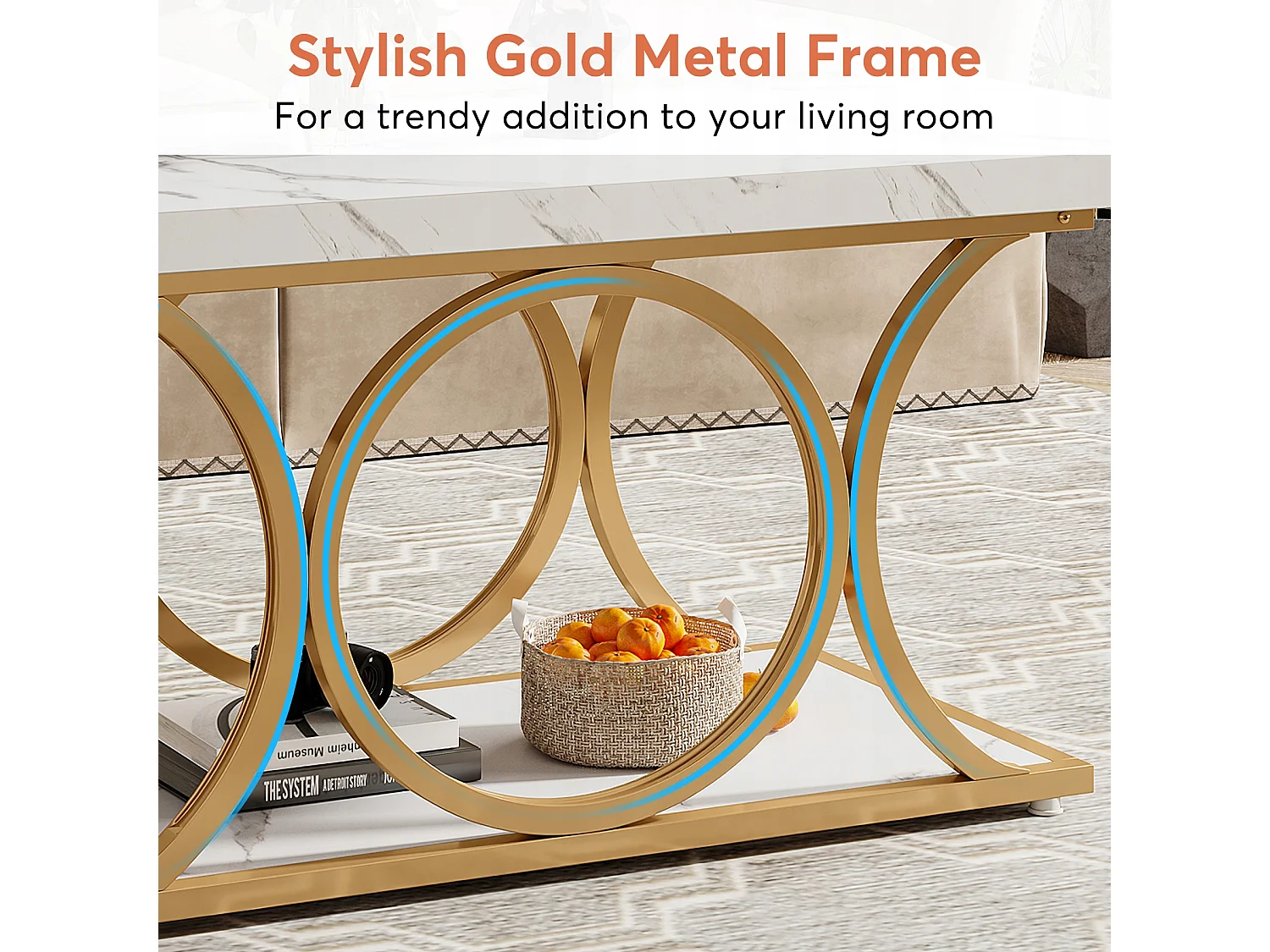 Moderne salontafel voor de woonkamer, salontafel van marmerachtig hout met twee lagen en geometrische metalen poten