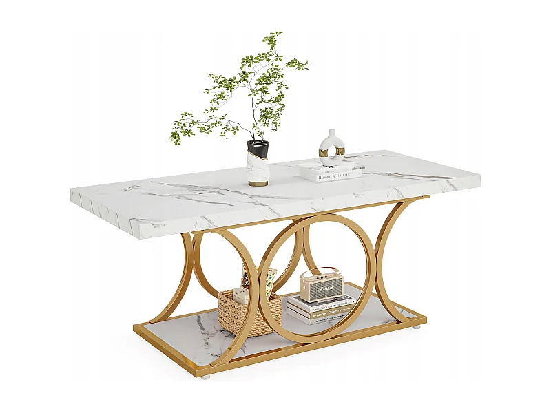 Table basse moderne pour le salon, table basse à 2 niveaux en bois imitation marbre avec pieds géométriques en métal