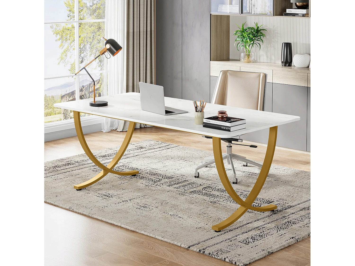 Scrivania per computer, scrivania per computer da 160 cm, tavolo da studio moderno, postazione di lavoro per PC, tavolo da pranzo, bianco e oro