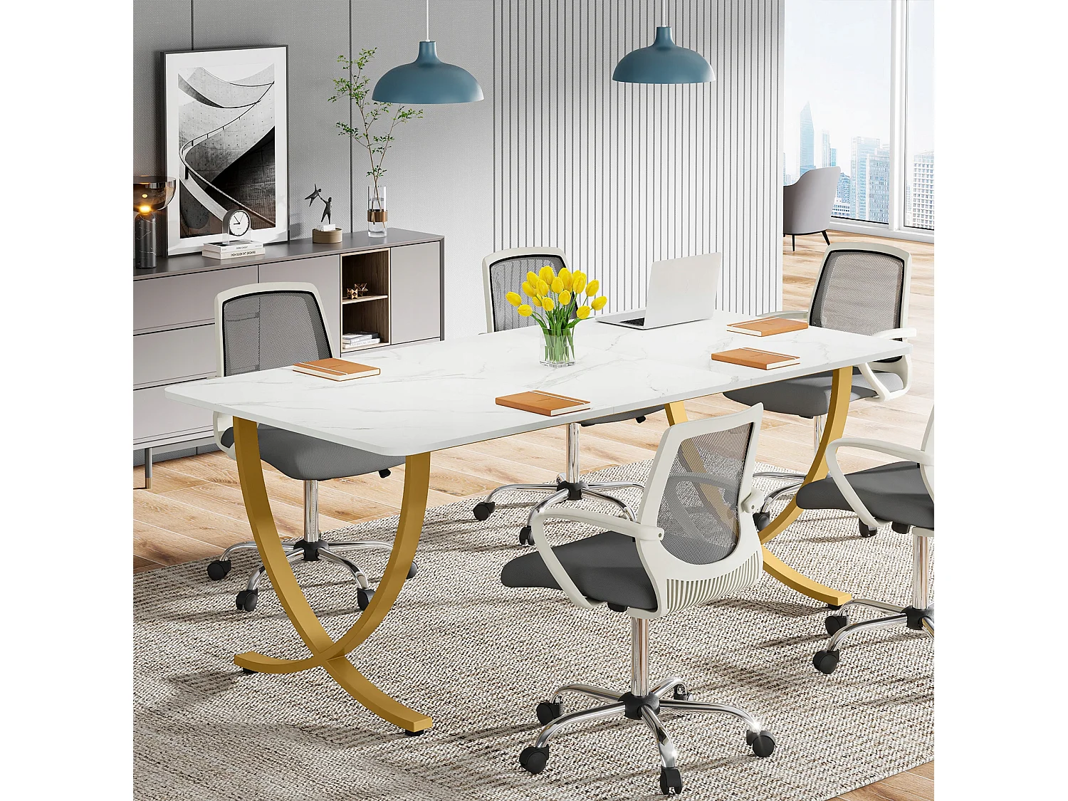 Scrivania per computer, scrivania per computer da 160 cm, tavolo da studio moderno, postazione di lavoro per PC, tavolo da pranzo, bianco e oro