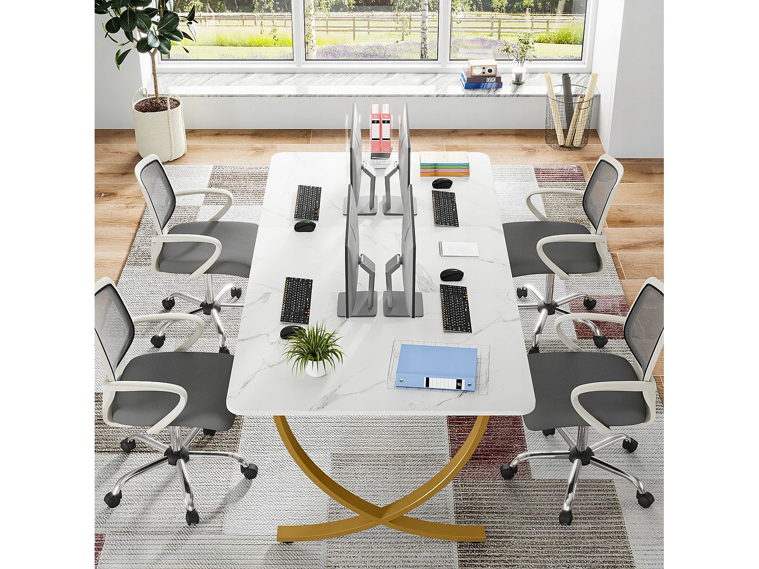 Scrivania per computer, scrivania per computer da 160 cm, tavolo da studio moderno, postazione di lavoro per PC, tavolo da pranzo, bianco e oro