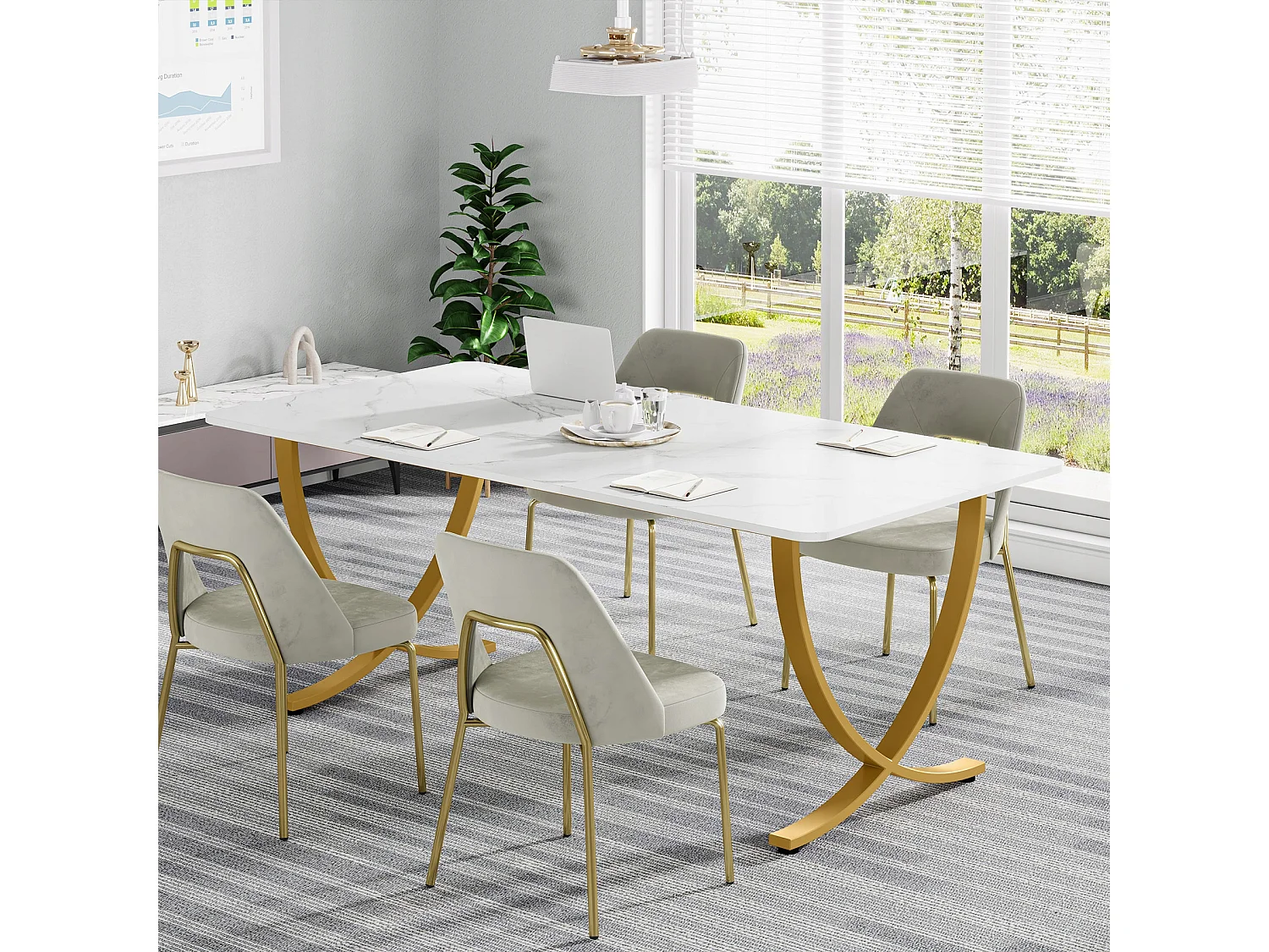 Scrivania per computer, scrivania per computer da 160 cm, tavolo da studio moderno, postazione di lavoro per PC, tavolo da pranzo, bianco e oro