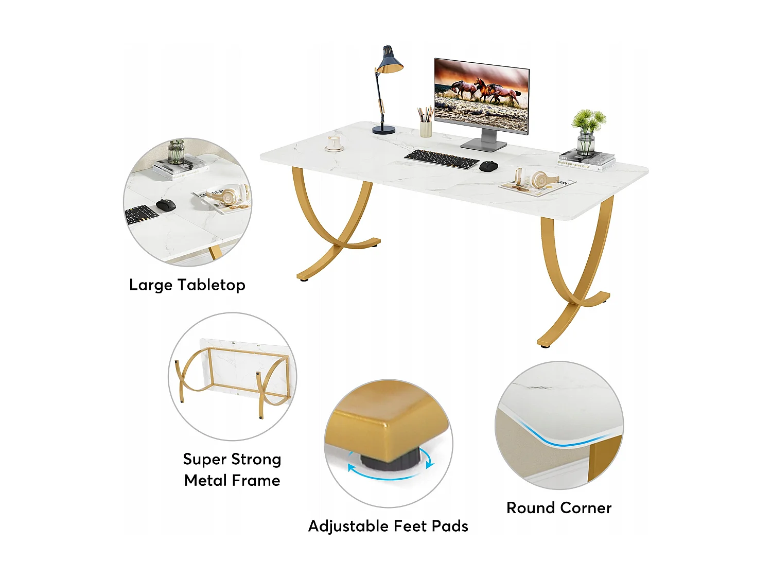 Scrivania per computer, scrivania per computer da 160 cm, tavolo da studio moderno, postazione di lavoro per PC, tavolo da pranzo, bianco e oro