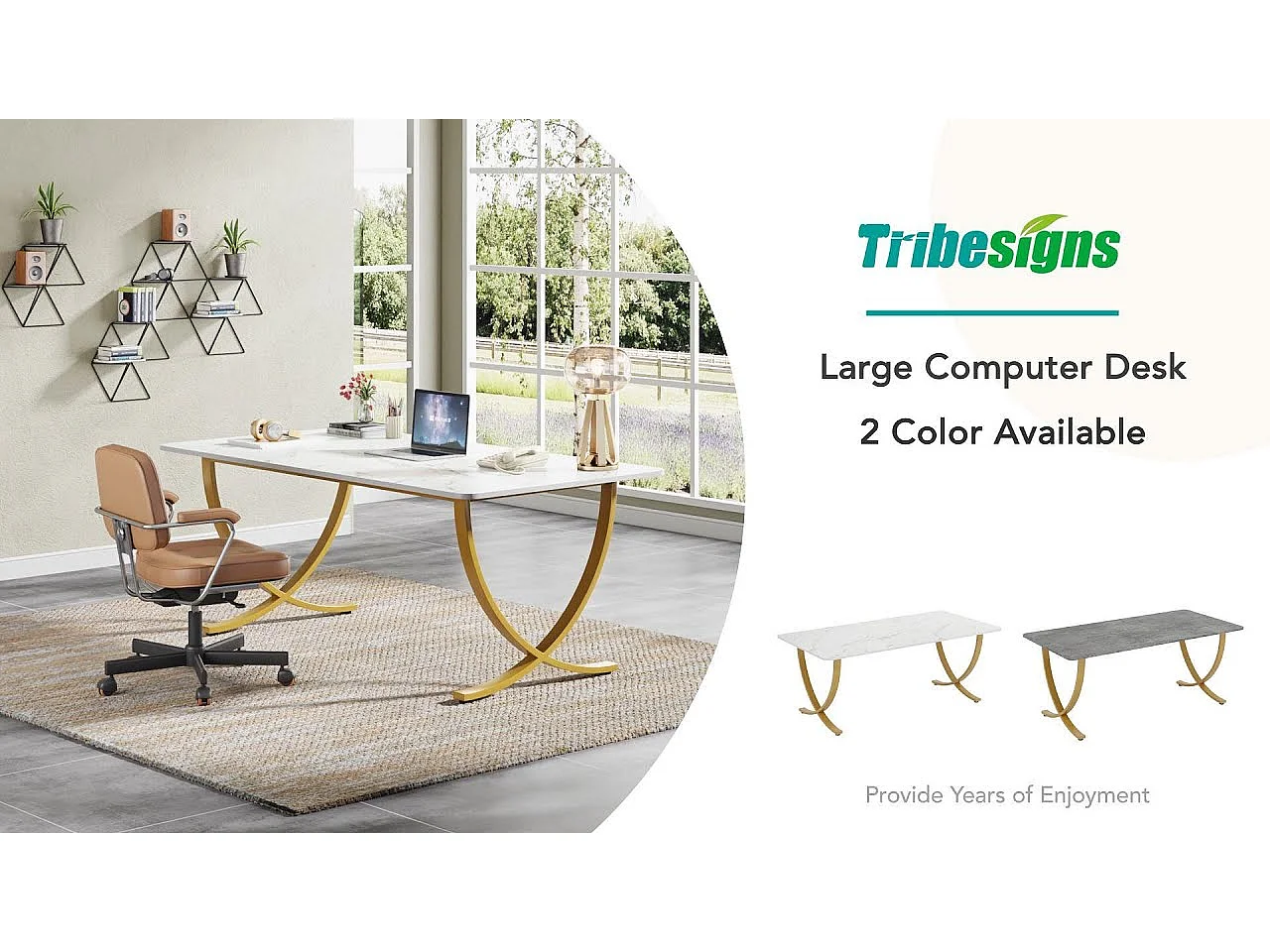 Scrivania per computer, scrivania per computer da 160 cm, tavolo da studio moderno, postazione di lavoro per PC, tavolo da pranzo, bianco e oro