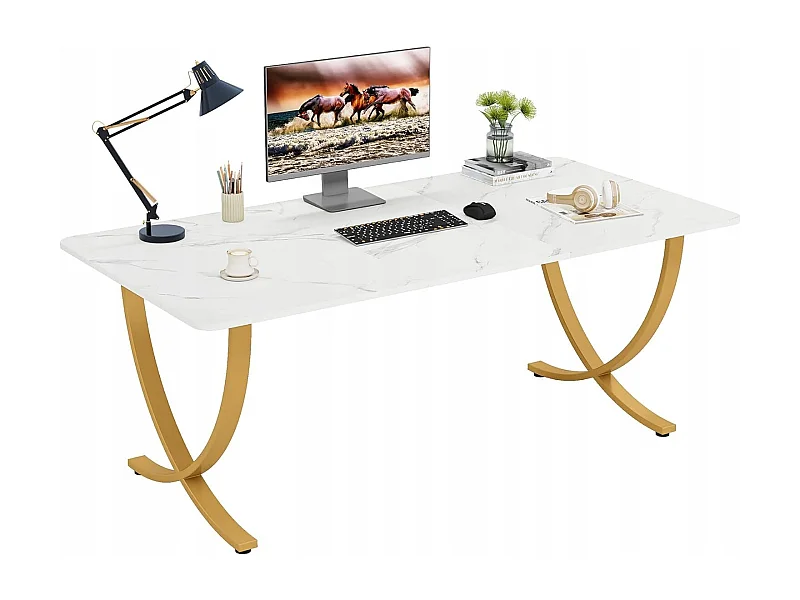 Scrivania per computer, scrivania per computer da 160 cm, tavolo da studio moderno, postazione di lavoro per PC, tavolo da pranzo, bianco e oro