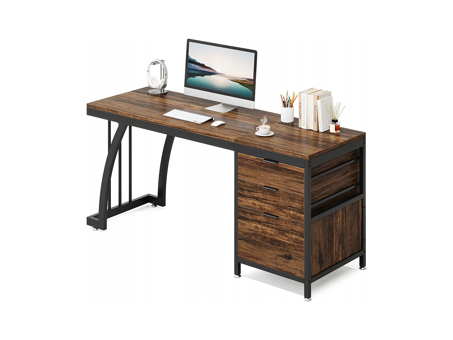 Escritorio de computadora con 3 cajones, 150 cm, con cajones reversibles, escritorio industrial con bandeja de almacenamiento para el hogar y la oficina, marrón rústico