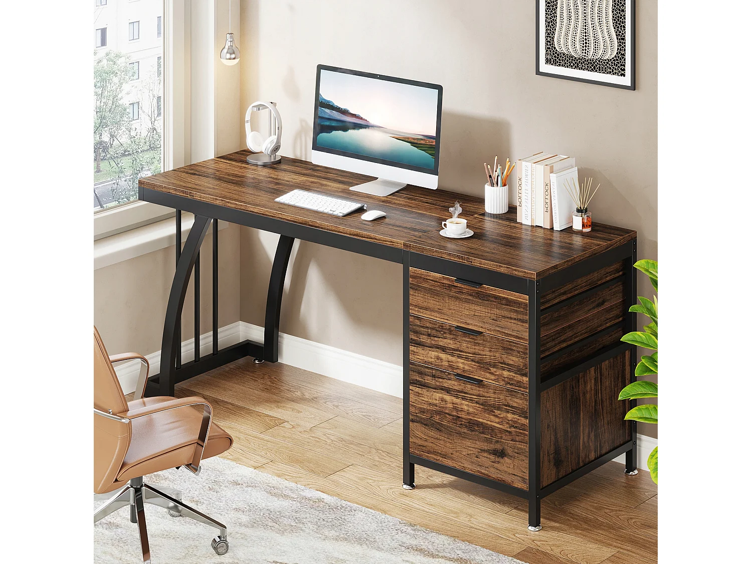 Bureau d'ordinateur avec 3 tiroirs, 150 cm, avec tiroirs réversibles, bureau industriel avec plateau de rangement, marron rustique